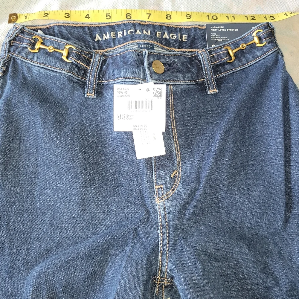 American Eagle Stretch High-Waisted Flare Jeans W/ Horsebit Chain Detail - Picture 4 of 9
